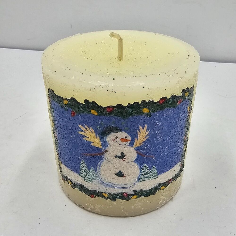 Vintage White Barn Candle Co Iced Cranberry Christmas Snowman Pillar Candle